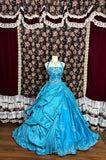 French retro blue halter neck heavy embroidery and beaded satin wedding dress with train HZ1022
