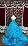 French retro blue halter neck heavy embroidery and beaded satin wedding dress with train HZ1022