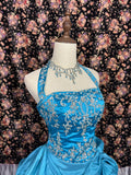 French retro blue halter neck heavy embroidery and beaded satin wedding dress with train HZ1022
