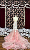 Vintage Mermaid Heavy Embroidery Beaded Pink Tulle Wedding Dress with Train HZ1022