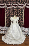 Vintage Leg of Mutton Sleeve V-Neck Pleated Ruffled Satin Floor-Length Wedding Dress HZ1022