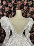 Vintage Leg of Mutton Sleeve V-Neck Pleated Ruffled Satin Floor-Length Wedding Dress HZ1022
