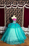 Chic Turquoise Strapless 3D Flower Herringbone Tulle Floor-Length Wedding Dress HZ1022
