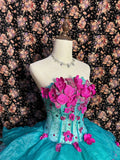Chic Turquoise Strapless 3D Flower Herringbone Tulle Floor-Length Wedding Dress HZ1022