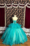 Chic Turquoise Strapless 3D Flower Herringbone Tulle Floor-Length Wedding Dress HZ1022