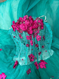 Chic Turquoise Strapless 3D Flower Herringbone Tulle Floor-Length Wedding Dress HZ1022