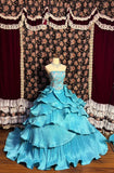 Dreamy Blue Strapless Accordion Pleated Skirt Beaded Train Wedding Dress HZ1022