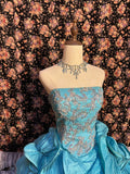 Dreamy Blue Strapless Accordion Pleated Skirt Beaded Train Wedding Dress HZ1022