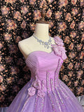 One-shoulder purple diamond striped three-dimensional flower back strap wedding dress HZ1022