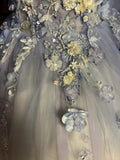 Beautiful one-shoulder princess sleeve gradient purple skirt three-dimensional flower beaded tulle wedding dress HZ1022