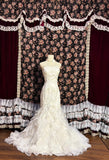Elegant White Beaded Biased Ruffled Hem Mermaid Train Wedding Dress HZ1022