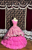 Retro Pink One Shoulder Flower Bud Cake Print Floor-Length Wedding Dress HZ1022