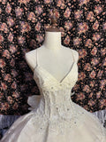Princess Heavy V-neck Layered Lace Ivory White Back Tie Floor-length Wedding Dress HZ1022