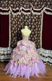 Dreamy Purple Flower Handle Heart-Shaped Neck Printed Tulle Floor-Length Wedding Dress HZ1022