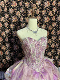 Dreamy Purple Flower Handle Heart-Shaped Neck Printed Tulle Floor-Length Wedding Dress HZ1022