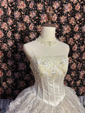 Retro Elegant Strapless Sequin Beaded Satin Flower Bud Lace Edge Wedding Dress HZ1022