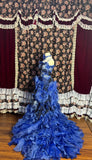 Dreamy Blue Embroidered Satin Tulle Big Wave Skirt Trailing Wedding Dress HZ1022