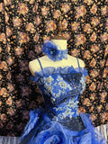 Dreamy Blue Embroidered Satin Tulle Big Wave Skirt Trailing Wedding Dress HZ1022
