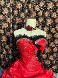 Gorgeous Tomato Red Thick Satin Black Lace Irregular Skirt Wedding Dress HZ1022
