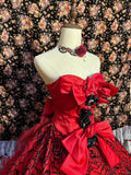 Gorgeous red tube top black pattern 3D flower wedding dress HZ1022