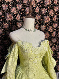 Grass Green Lace Flower Opening Ceremony Skirt Satin Floor-Length Wedding Dress HZ1022