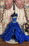 Gorgeous royal blue tube top beaded wedding dress with front slit and big wavy skirt HZ1022