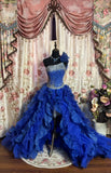 Gorgeous royal blue tube top beaded wedding dress with front slit and big wavy skirt HZ1022