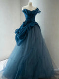 Elegant Blue One Shoulder Tulle Floor Length Wedding Dress HZ1022