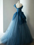 Elegant Blue One Shoulder Tulle Floor Length Wedding Dress HZ1022