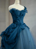Elegant Blue One Shoulder Tulle Floor Length Wedding Dress HZ1022