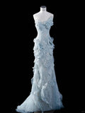 Elegant and dreamy light blue tube top lace flower mermaid wedding dress HZ1022