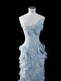 Elegant and dreamy light blue tube top lace flower mermaid wedding dress HZ1022