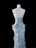 Elegant and dreamy light blue tube top lace flower mermaid wedding dress HZ1022
