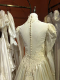 Vintage Champagne High Neck Lace Long Sleeve Buttoned Satin Floor-Length Wedding Dress HZ1022