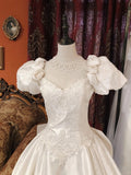 Vintage Elegant White Satin Beaded Rose Puff Sleeve Floor-Length Wedding Dress HZ1022