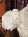 Vintage Elegant White Satin Beaded Rose Puff Sleeve Floor-Length Wedding Dress HZ1022