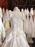 Vintage Elegant White Satin Beaded Rose Puff Sleeve Floor-Length Wedding Dress HZ1022