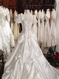 Vintage Elegant White Satin Beaded Rose Puff Sleeve Floor-Length Wedding Dress HZ1022