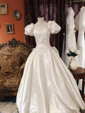 Vintage Elegant White Satin Beaded Rose Puff Sleeve Floor-Length Wedding Dress HZ1022