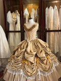 Princess Gold Rose Herringbone Waist Beaded Pleated Skirt Wedding Dress HZ1022