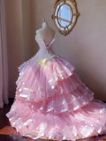 Dreamy Princess Pink Tube Top 3D Flower Beaded Lace Tulle Cake Skirt Trailing Wedding Dress HZ1022