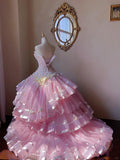 Dreamy Princess Pink Tube Top 3D Flower Beaded Lace Tulle Cake Skirt Trailing Wedding Dress HZ1022