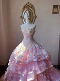 Dreamy Princess Pink Tube Top 3D Flower Beaded Lace Tulle Cake Skirt Trailing Wedding Dress HZ1022