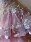Dreamy Princess Pink Tube Top 3D Flower Beaded Lace Tulle Cake Skirt Trailing Wedding Dress HZ1022