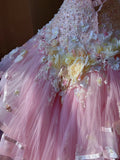 Dreamy Princess Pink Tube Top 3D Flower Beaded Lace Tulle Cake Skirt Trailing Wedding Dress HZ1022