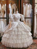 Retro Princess Off-shoulder Puff Sleeve Lace Cake Skirt Floor-length Wedding Dress HZ1022