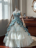 Elegant blue sweetheart neckline white cake skirt tulle floor-length wedding dress HZ1022