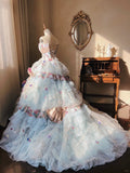 Dreamy light blue tube top 3D flower handmade beaded sequined trailing wedding dress HZ1022