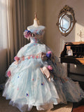 Dreamy light blue tube top 3D flower handmade beaded sequined trailing wedding dress HZ1022
