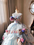 Dreamy light blue tube top 3D flower handmade beaded sequined trailing wedding dress HZ1022